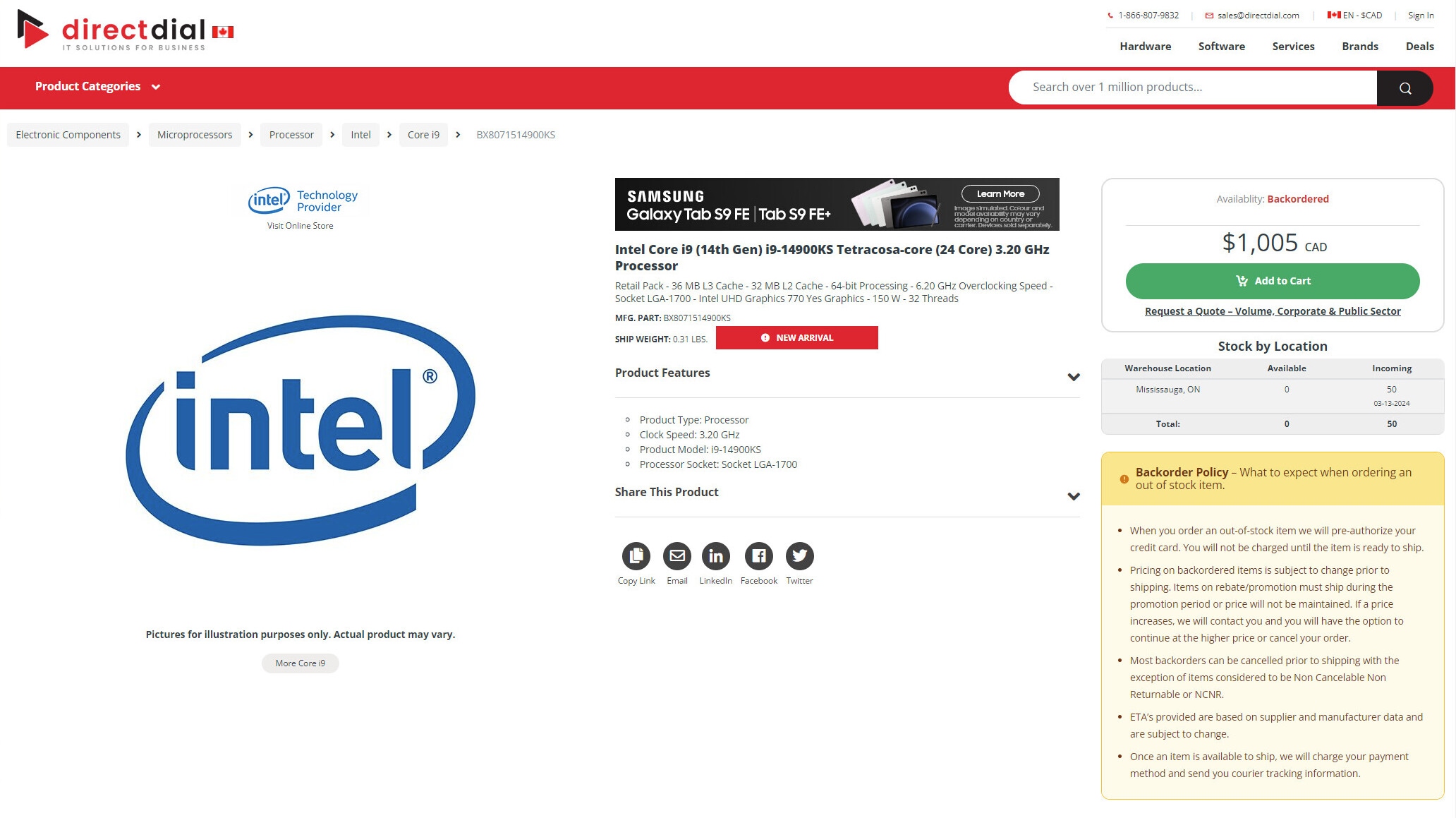 Canadian E-tailer Leaks Full Spec Sheet for Intel Core i9-14900KS